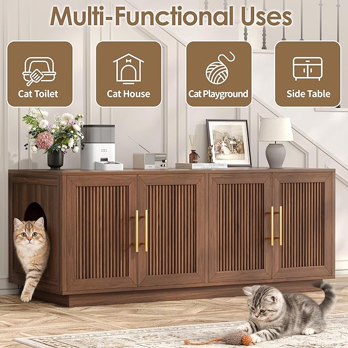 Fluted Cat Litter Box Enclosure, 47.2" Large Double Hidden Litter Box Furniture Cabinet for 2 Cats, Indoor Cat House, Modern End Table for Living Room, Entryway, Bedroom, Walnut