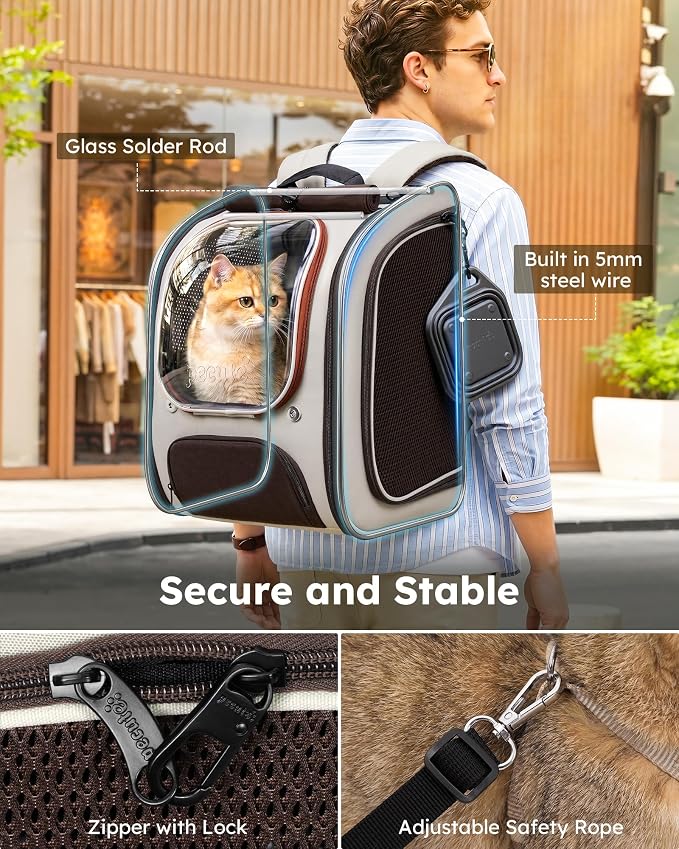 Pecute Cat Backpack Carrier,Large Space Cat Bubble Backpack,Ergonomic,Khaki | Color Blocking,Sunshade curtain,Folding bowl,Transparent window,Sturdy,Large mesh on both sides for breathability