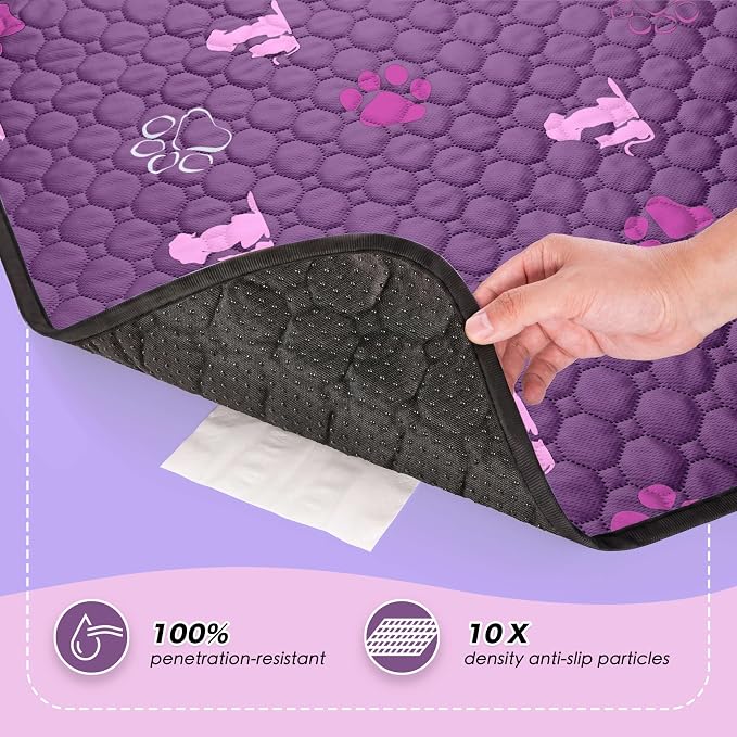WanpeeGoo Washable Pee Pads for Dogs Mat, 2 Pack Absorbent Reusable Training Dog Pads Pet Puppy Pads, Non-Slip Potty Pads for Whelping, Playpen, Crate, Bed, Purple 24"x36"