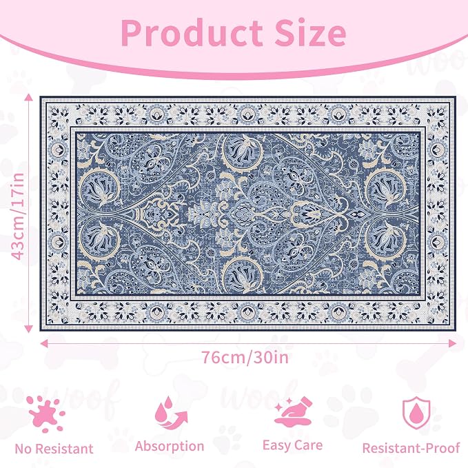 Blue Floral Pet Feeding Mat, Absorbent Dog/Cat Food Mat for Food and Water Bowl, Non-Slip Quick Dry Pet Placemat Floor Protector for Messy Drinkers(17 x 30 in)
