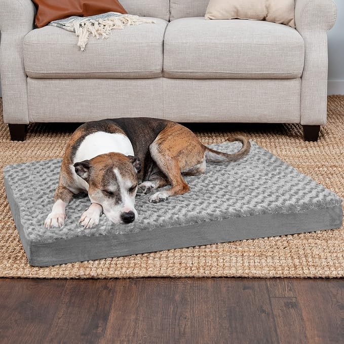 FurHaven Orthopedic Dog Bed for Large Dogs, Mattress Style Bed, Orthopedic Egg Crate with a solid Orthopedic Foam Base for Joint Support, Washable Cover, Large, Plush Faux Fur & Suede, Gray