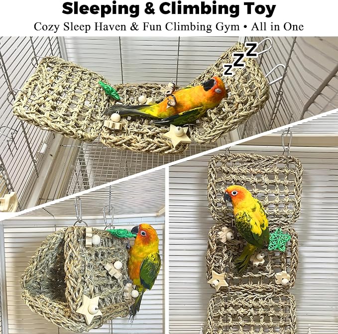 Jevnd 2pcs Bird Spinner Toys & Seagrass Bed Set - Natural Wood Parrot Toys with Bells, Handwoven Nest & Climbing Ladder, Chewable Hammock for Cockatiels, Conures, Lovebirds, Budgies, Quaker