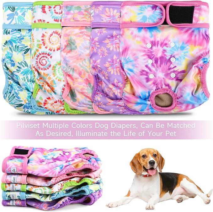 Dog Diapers Female 5pcs,Reusable Dog Doggie Puppy Doggy Diapers Female, Period Panties in Heat, Tiedye, Large