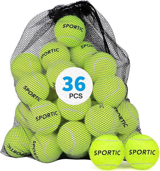 SPORTIC Tennis Balls, Duty Felt Pressurized Tennis Ball with Mesh Bag for 12PC or 36PC -High Bounce Training Exercise Tennis Balls for Beginners & Pet Dog Playing Balls, 3/4/12/36 PCS