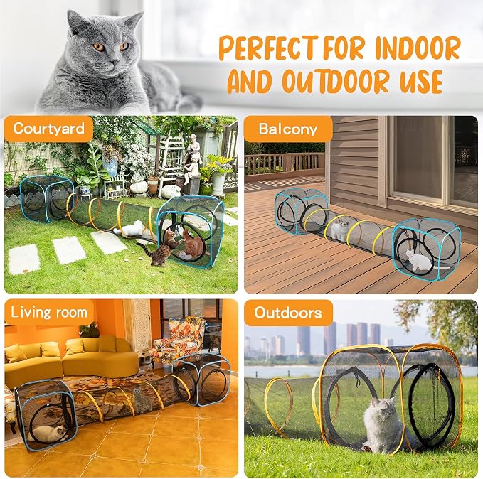 Cat Play Tunnel + Cube(with Three Ways) for Indoor and Outdoor, Cat Playpen, Play Enclosures, Collapsible Cube, Tunnel, Easy to Connect with Tent 2 Cubes + Run Tunnel