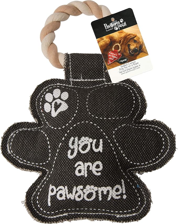 Pavilion Gift Company Gray Paw Print You are Pawsome! Canvas and Rope Dog Squeaky Toy