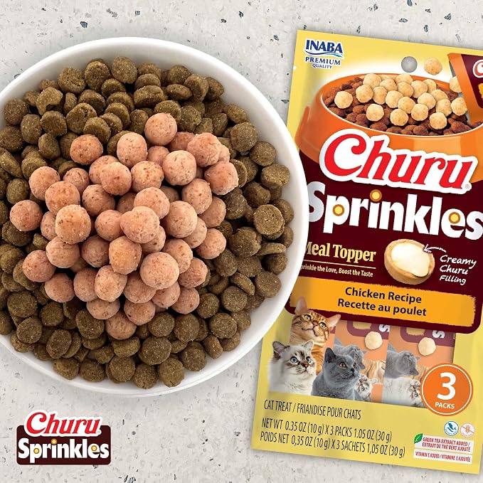 INABA Churu Sprinkles for Cat, Soft & Chewy Churu Filled, Baked Chicken Cat Treat Meal Topper with Vitamin E and Green Tea Extract, 1.05 oz. per Pack, 18 Packs Total, Tuna and Salmon Recipe