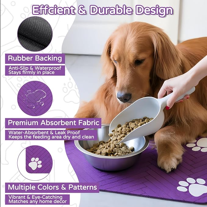 Pet Feeding Mat-Absorbent Dog Feeding Mat for Food and Water Bowl,No Stains Pet Placemat,Quick Drying Water Dispenser Mat for Dog and Cat,Easy to Clean Dog Accessories(M,Purple)