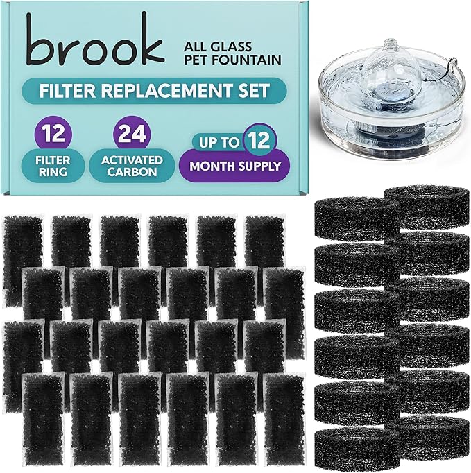 BROOK Glass Pet Fountain Filter Replacement Set – 12 Filter Rings & 24 Activated Carbon Pouches – Up to 12 Month Supply Replacement Filters Set for BROOK Cat Fountain