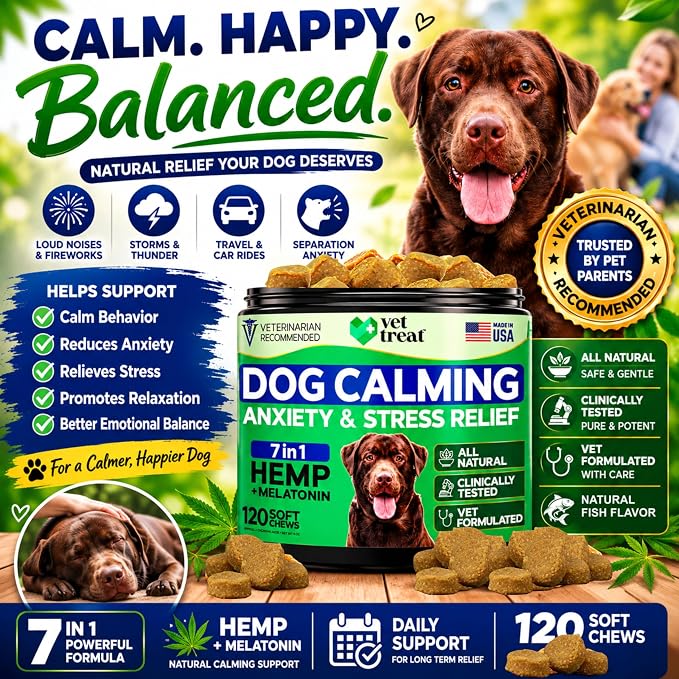 Hemp Calming Chews for Dogs – Dog Calming Chews & Anxiety Relief Treats with Melatonin–Stress Relief for Barking, Thunder, Fireworks, Travel & Separation Anxiety–Vet Formulated-Made in USA - 120 Chews