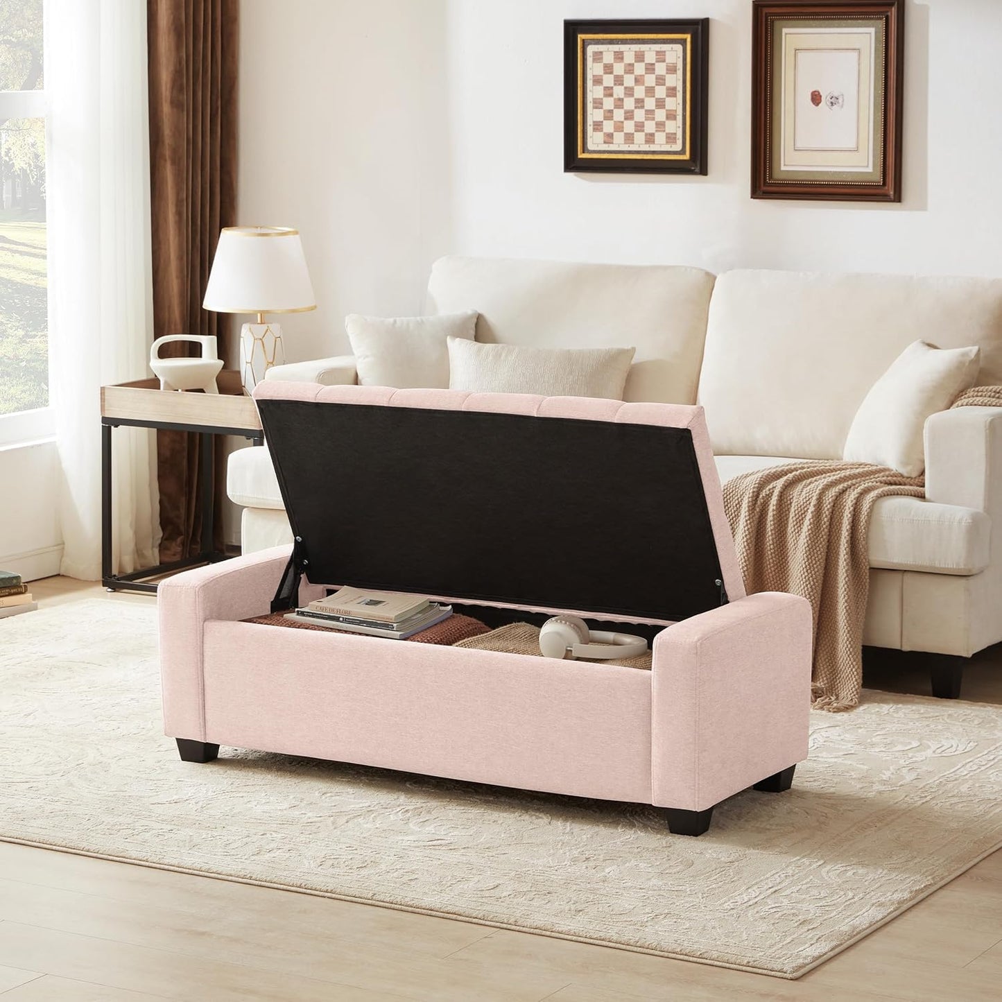 48" Ottoman with Storage, Pink Storage Ottoman Bench with Safety Hinge, Upholstered Entryway Bench with Seating for Bedroom, Living Room, Holds up to 330 lb