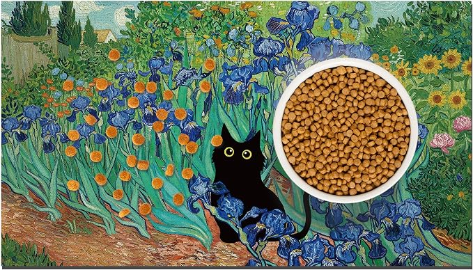 Black Cat Pet Feeding Mat, Absorbent Dog/Cat Food Mat for Food and Water Bowl, Non-Slip Quick Dry Pet Placemat Floor Protector for Messy Drinkers(17 x 30 in)