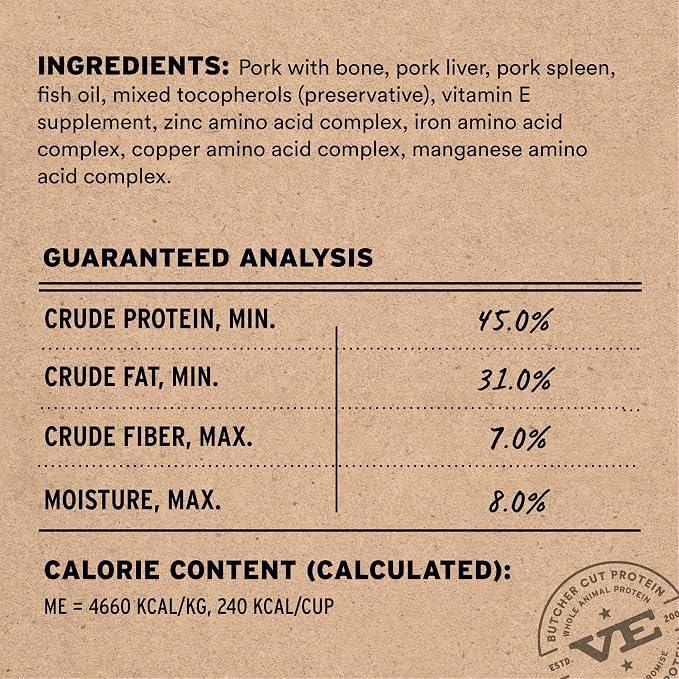 Vital Essentials Freeze Dried Cat Food, Raw Pork Crunchy Mini Nibs | Complete Meal or Topper | 96% Pork, Organs & Bone | Limited Ingredient, High Protein, Grain Free Dry Cat Food | 12 oz Bag