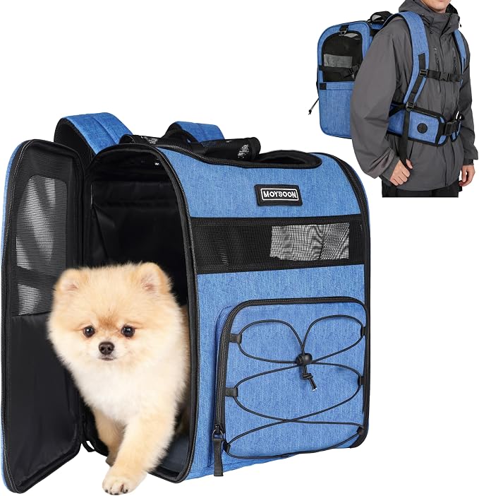 Hiking Dog Carrier Backpack, Adjustable Waist Cushioning Belt with Breathable Padded Back Support, Dog Carrier for Hiking with 5 Pockets, Dog Carrier Backpack for Small Dogs Max 13LB Blue