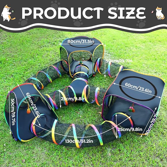 CypherX Outdoor Rainbow Cat Enclosure, 7 in 1 Portable Cat Tents for Outside Cage Free Outside Pop up Pet Enclosure Cat Tunnel Outdoor Playground for Indoor Cats and Small Animals