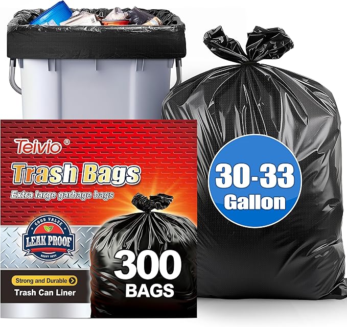 Teivio Black Large Trash Bags 30-33 Gallon 300 Count | Large Multipurpose | Fit 23,25,30,33 gallon Garbage Bin Liner | Kitchen | Lawn And Leaf Bags Outdoor Yard Waste Bag | Workshops Trash
