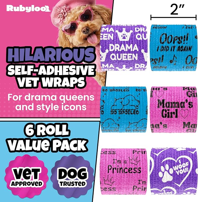 Rubyloo Vet Approved Essential Pet First Aid Kit Supplies to Treat Dogs & Cats in an Emergency with Girl’s 6 Pack of 2 Funny Vet Wrap Bandages for Home, Camping, Car, RV