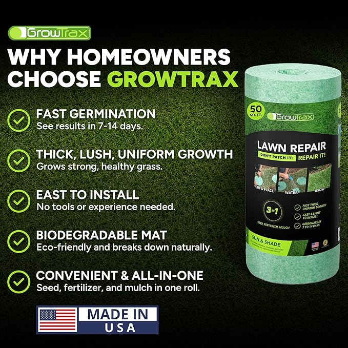 Growtrax Biodegradable Grass Seed Mat, Year Round Green - 50 Sq Ft Quick Fix Roll - Growing Solution for Lawns, Dog Patches and Shade - Just Roll Water & Grow -Not Fake or Artificial Grass