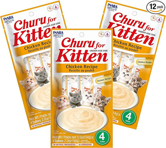 INABA Churu for Kittens, Grain-Free Creamy, Purée Lickable Cat Treats with DHA, EPA, Vitamin E & Taurine, 0.5 Ounces Each, 12 Tubes (4 per Pack), Chicken Recipe