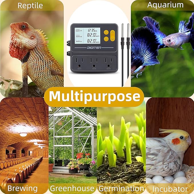 DIGITEN Day-Night Reptile Temperature Controller with Timer | 3-Stage Thermostat Outlet, Cooling & Heating Mode for Terrarium, Ball Python, Bearded Dragon, Heat Mat,Mushroom, Fermentation