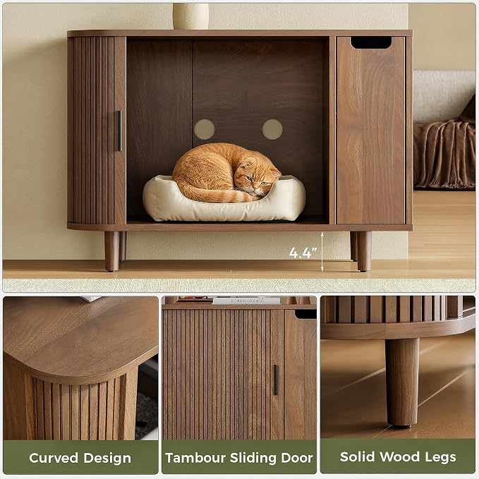 IRONCK Cat Litter Box Enclosure with Sliding Tambour Door – Wooden Hidden Cat House Furniture with 2-Layer Drawer, Side End Table for Living Room, Brown