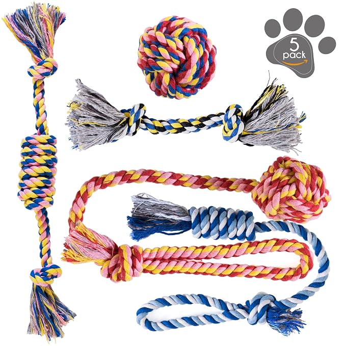 Pets&Goods Dog Grooming Combs & 5-Pack Rope Toy Bundle - Gentle Tear Stain Remover and Dental Cleaning Toys for Puppies & Small/Medium Dogs