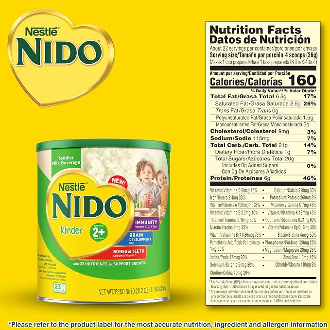 Nestlé NIDO Kinder Toddler Milk Beverage Powder Mix, 2 + Years, 23 Servings per Container, 28.2oz (Pack of 4)