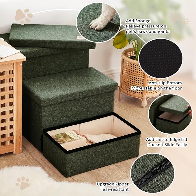 Love's cabin Dog Stairs for High Bed 18" H, Foldable Pet Stairs for Small Medium or Large Dogs Puppy with Storage for Bed or Couch, Cat Dog Steps Ramp with Zip up to 200 lbs, Dark Green, 3 Steps