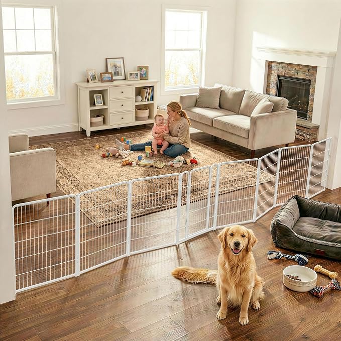 FXW Dog Gate Extra Wide Designed for Indoor Use, Adjustable Width Up to 219-inch Wide (40" H 8 Wire Panels for Medium and Large Dogs), White