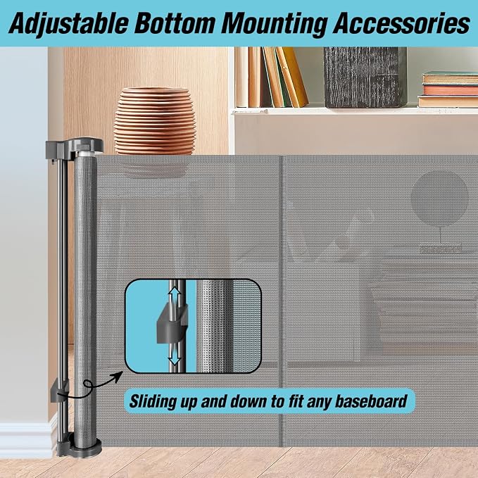 24 Inches Tall Retractable Baby gate for Dogs, Short Pet Gates to Step Over, Extends up to 55" Wide, Reinforced Mesh Doggie Gates for Indoors Outdoors Small Dog Gate for Stairs Puppy Gate (Grey)