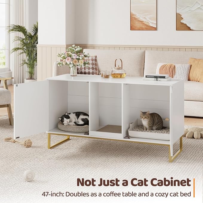 Kitty Litter Box Enclosure for 2 Cats, Small Hidden Cat Litter Box Furniture with Scratch Pad, Modern Fluted Double Litterbox Cabinet TV Stand for Kittens, White