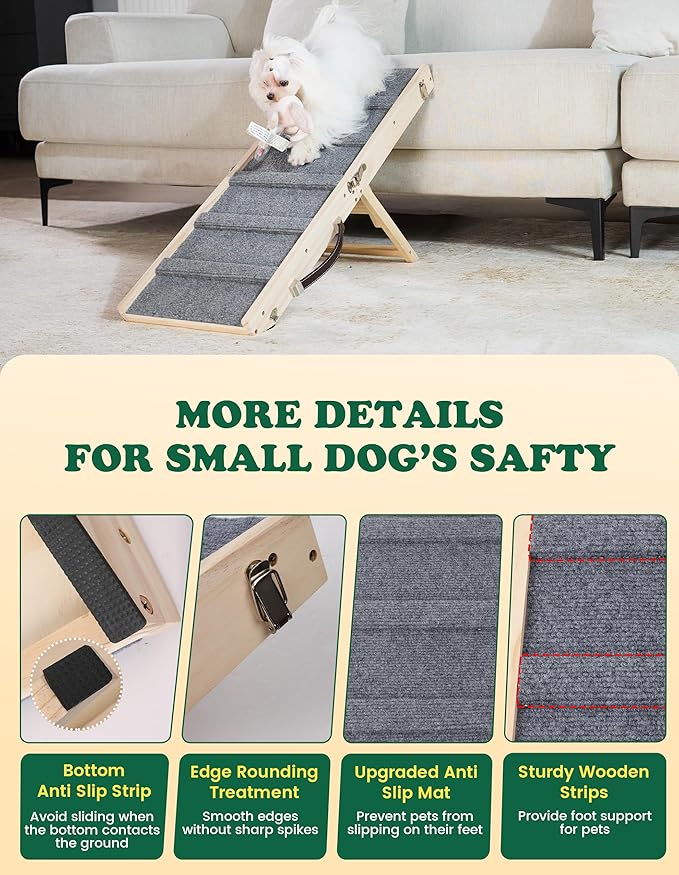 Dog Ramp Dog Stairs for Small Dogs Foldable Dog Ramp with 4 Adjustable Heights from 7.48'' to 15.35" Wood Stairs with Non Slip Carpet Portable Pet Ramp for Couch, Sofa, Low Bed (Natural Wood)
