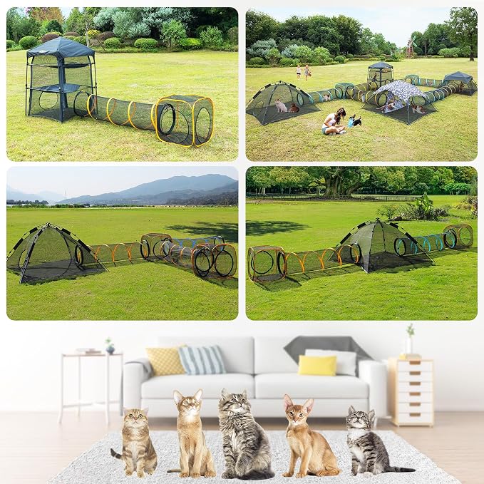 Cat Play Tunnel + Cube(with Three Ways) for Indoor and Outdoor, Cat Playpen, Play Enclosures, Collapsible Playhouse, Tunnel, Easy to Connect with Tent 2 Tunnels + Cube