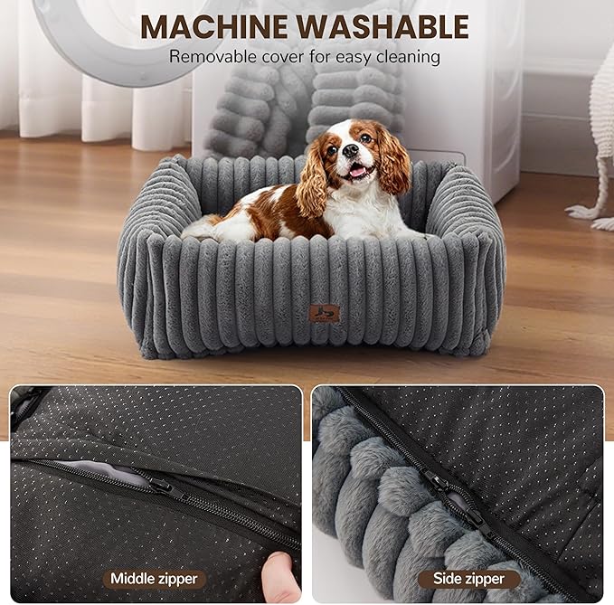 Washable Dog Bed Small Medium Size Dog, Rectangle Orthopedic Pet Bed for Car and Indoor,Fluffy Memory Foam Dog Beds with Anti-Slip Bottom,Grey(25x21x7inchs)