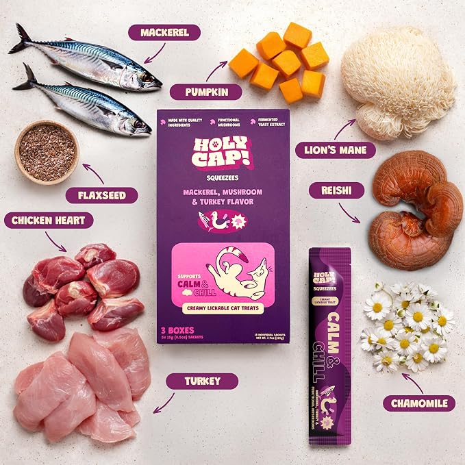 Calm & Chill Grain-Free Lickable Cat Treats 15 Squeezable Purée Tubes (0.5 oz Each), Mackerel & Turkey Flavor, Creamy Cat Purée with Clean Ingredients, Hand-Fed Treat or Meal Topper