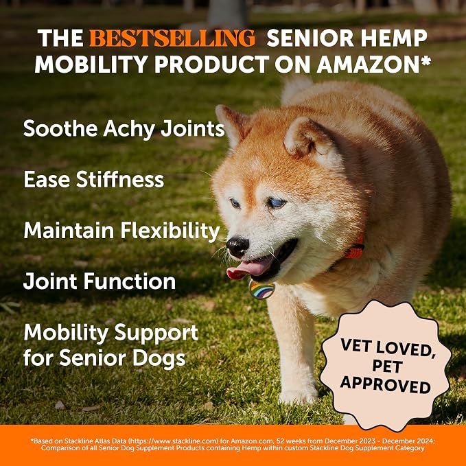 Senior Hemp Hip and Joint Supplement for Dogs - Glucosamine Chondroitin, MSM & Green Lipped Mussel - Relief for Joint Stiffness, Advanced Strength Mobility Support Senior Dogs (Peanut Butter, 90 Ct)