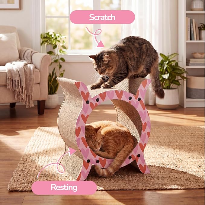 Nyan 16.5" Modern Cardboard Tunnel Cat Scratcher House with Catnip, Corrugated Indoor Cat Hideaway Den, Heart Pattern Scratching Surface for All Cats CSR1007C