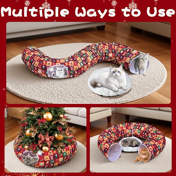 Cat Tunnel Bed in 3FT x 3FT x 9.8IN - Christmas Style with Star, Snowflakes, Socks, Reindeer, Gingerbread People, Balloons, Bell & Candy Patterns - Red Color Perfect for Festive Felines