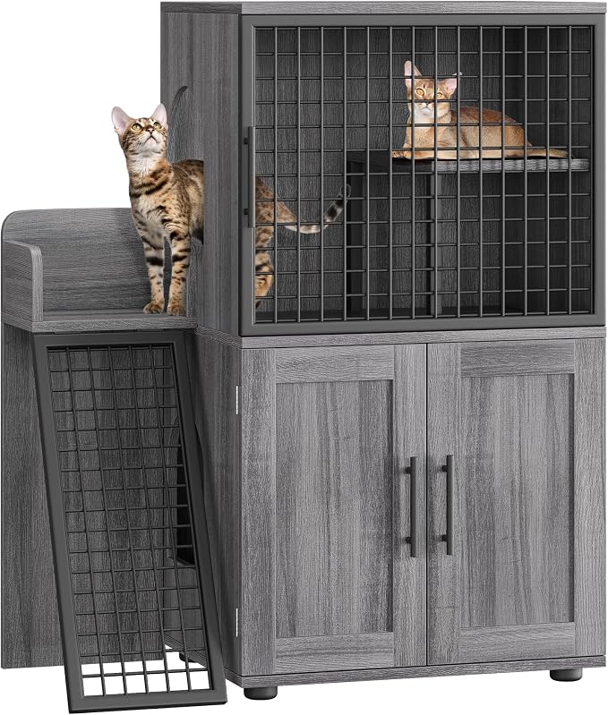 Cat Litter Box Enclosure Furniture with Double Layer Design, Hidden Litter Box & Lounge Villa for Indoor Cats - Includes Ladder, Platform, and Washroom Space for Living Room, Wax Wood