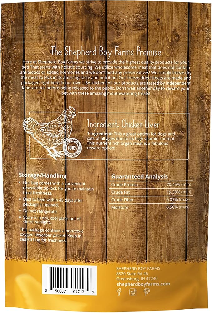 Shepherd Boy Farms Freeze Dried Dog and Cat Treats, Chicken Liver, All Natural Single Ingredient Freeze-Dried Dog Treat & Snacks, Made in USA, High Protein, Essential Nutrition Raw Food, 3oz