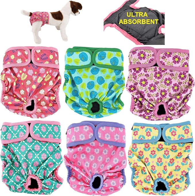 Pack of 6 Female Dog Diapers with 4 - Layers of Absorbent Pads Cat Panties Waterproof Leak Proof Washable (L: Waist 20" - 26", Pack of 6 Patterns)
