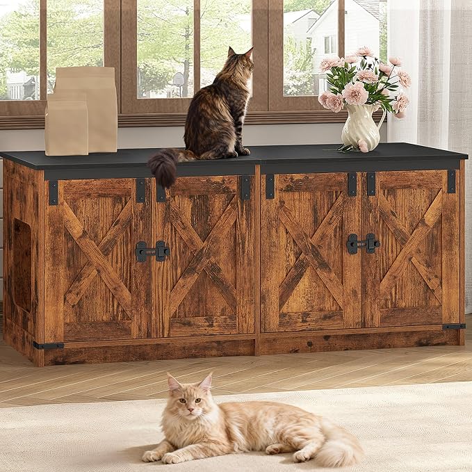 Hzuaneri Cat Litter Box Enclosure for 2 Cats, Hidden Litter Box Furniture Cabinet with Double Room, Indoor Cat House, Farmhouse Style, 46.7 x 18.9 x 21.1 Inches, Rustic Brown CB85301X