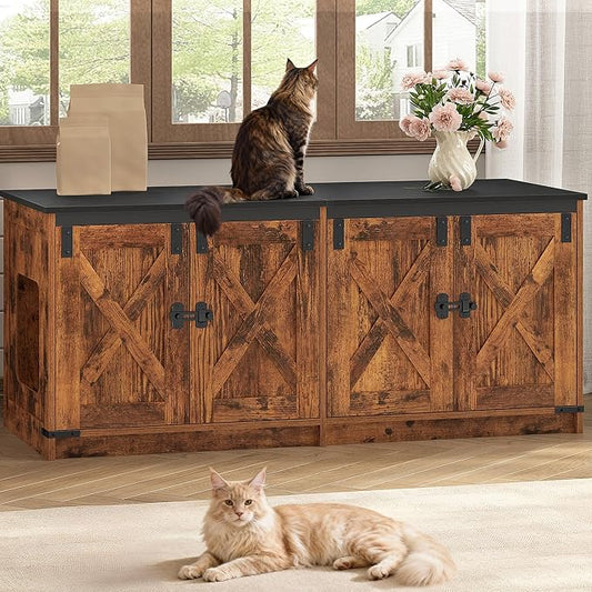 Hzuaneri Cat Litter Box Enclosure for 2 Cats, Hidden Litter Box Furniture Cabinet with Double Room, Indoor Cat House, Farmhouse Style, 46.7 x 18.9 x 21.1 Inches, Rustic Brown CB85301X