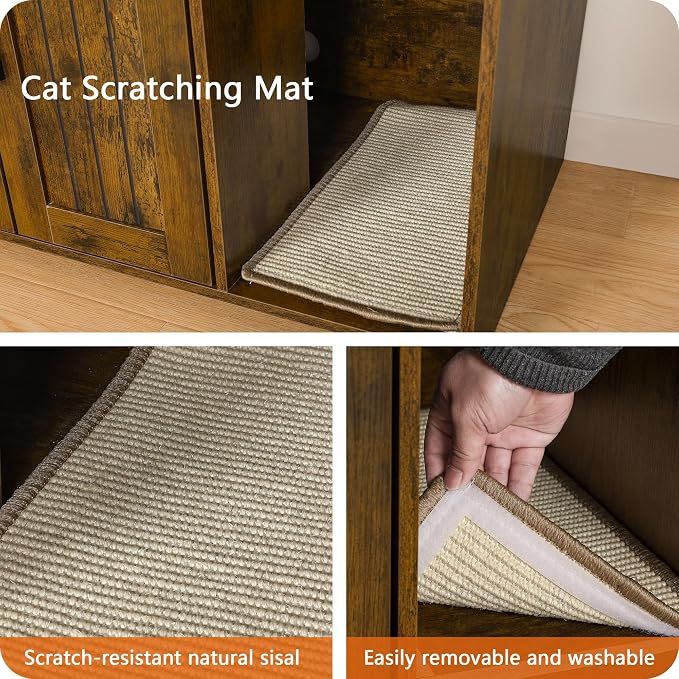 DWANTON Litter Box Enclosure, Cat Litter Box Furniture Hidden, with Scratching Mat, Wooden Cat Washroom Indoor, 31.5" L x 19.7" W x 21.7" H, Rustic Brown
