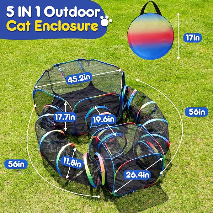 Outdoor 5-in-1 Portable Cat Tunnels - Cat Enclosure with Tent for Indoor Cats, Enclosed Catio for Kitty & Small Animals