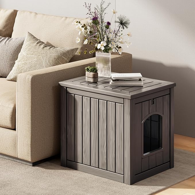 Cat Litter Box Enclosure, Resin Hidden Litter Box Furniture Side Table with Openable Front Door, Weatherproof Indoor & Outdoor Cat Litter Box Cabinet, Raised Floor, Easy to Clean & Assemble, Gray