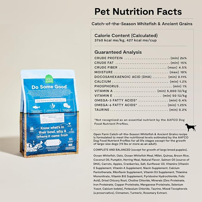 Open Farm, Ancient Grains Dry Dog Food, Protein-Rich & Nutrient Dense, 90% Animal Protein Mixed with Non-GMO Fruits, Veggies and Superfoods, Catch-of-the-Season Whitefish Recipe, 22lb Bag