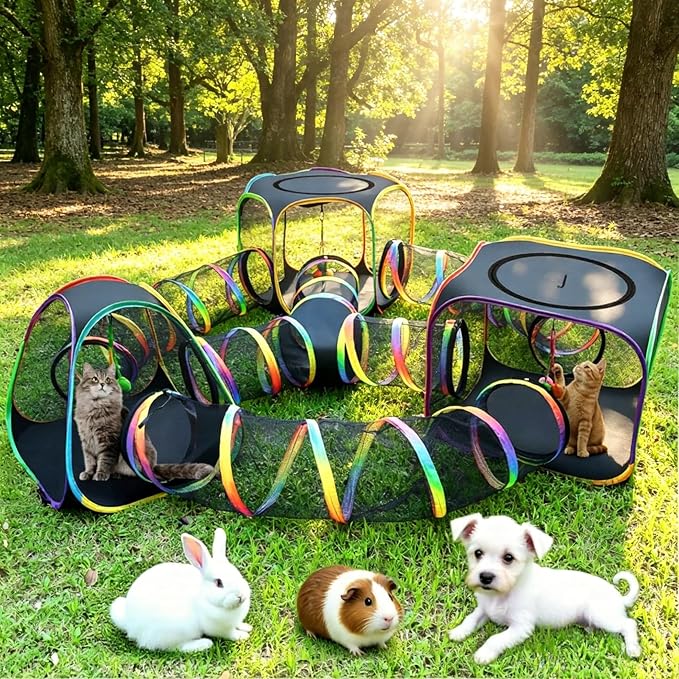 CypherX Outdoor Rainbow Cat Enclosure, 7 in 1 Portable Cat Tents for Outside Cage Free Outside Pop up Pet Enclosure Cat Tunnel Outdoor Playground for Indoor Cats and Small Animals