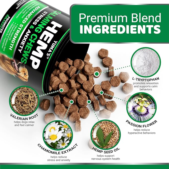 YUMA'S (2 Pack) Hemp Calming Chews for Dogs - Advanced Dog Calming Chews - Anxiety Relief Treats - Separation Aid, Barking, Stress Relief, Thunderstorms - Melatonin - Hemp Oil - Made in USA