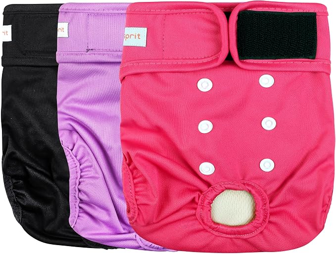 Langsprit Washable Female Dog Diapers (3 Pack) - No Leak Reusable Diapers for Doggy Female in Period - Highly Absorbent Dog Heat Panties with Adjustable Snaps (Black, Pink, Purple, XX-Large)